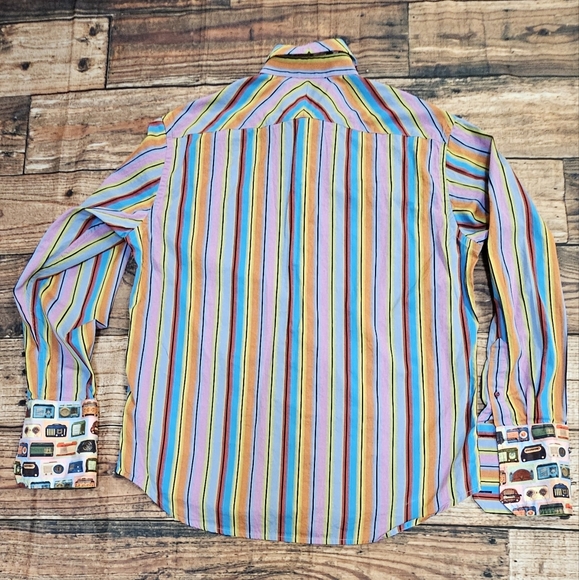 Robert Graham Men's Stripe & Vintage Radio French Cuff Cotton Shirt Large - Picture 2 of 11
